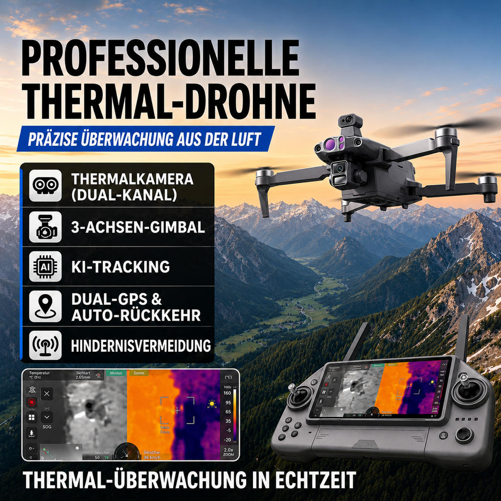 Profi-Wärmebilddrohne mit 4K-Kamera, Infrarot & GPS, für Jagd, Sicherheit und Industrie